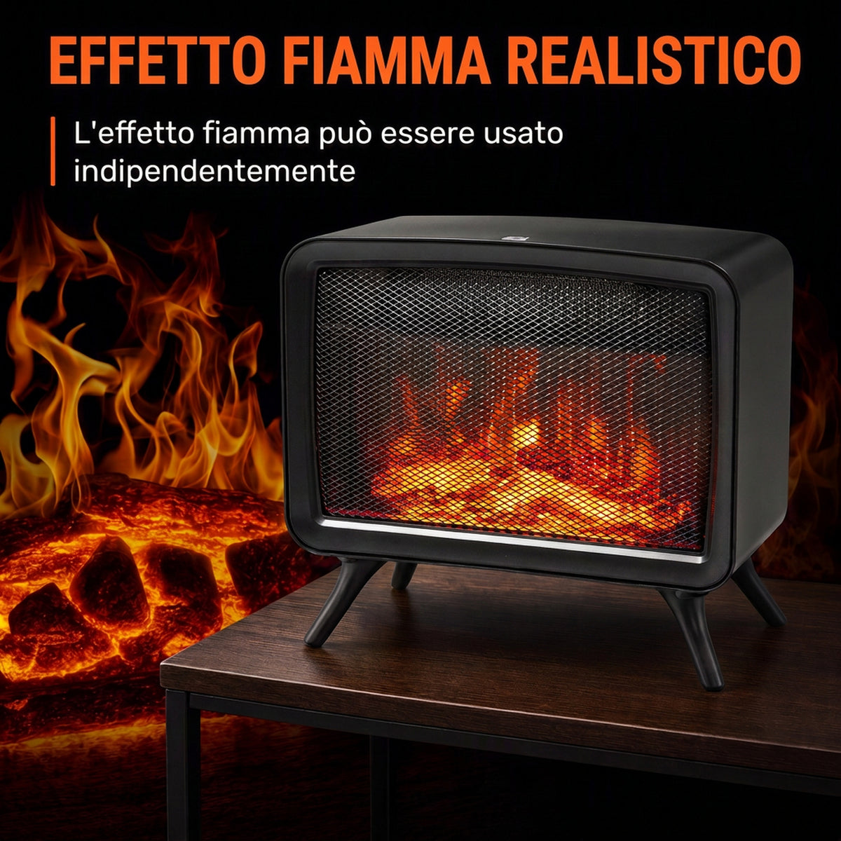 Caminetto Elettrico da Tavolo 1600W con Effetto Fiamma LED
