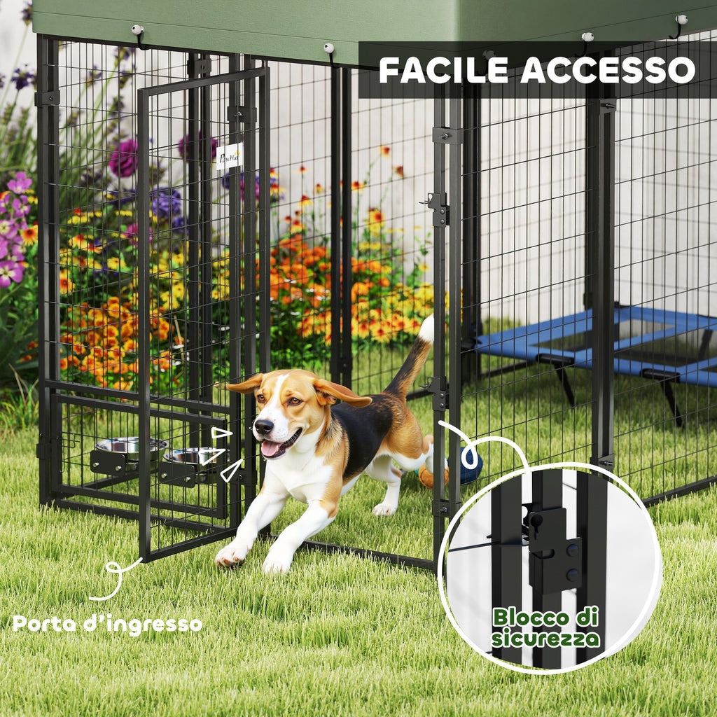 Recinto per Cani da Esterno con Tetto e Ciotole