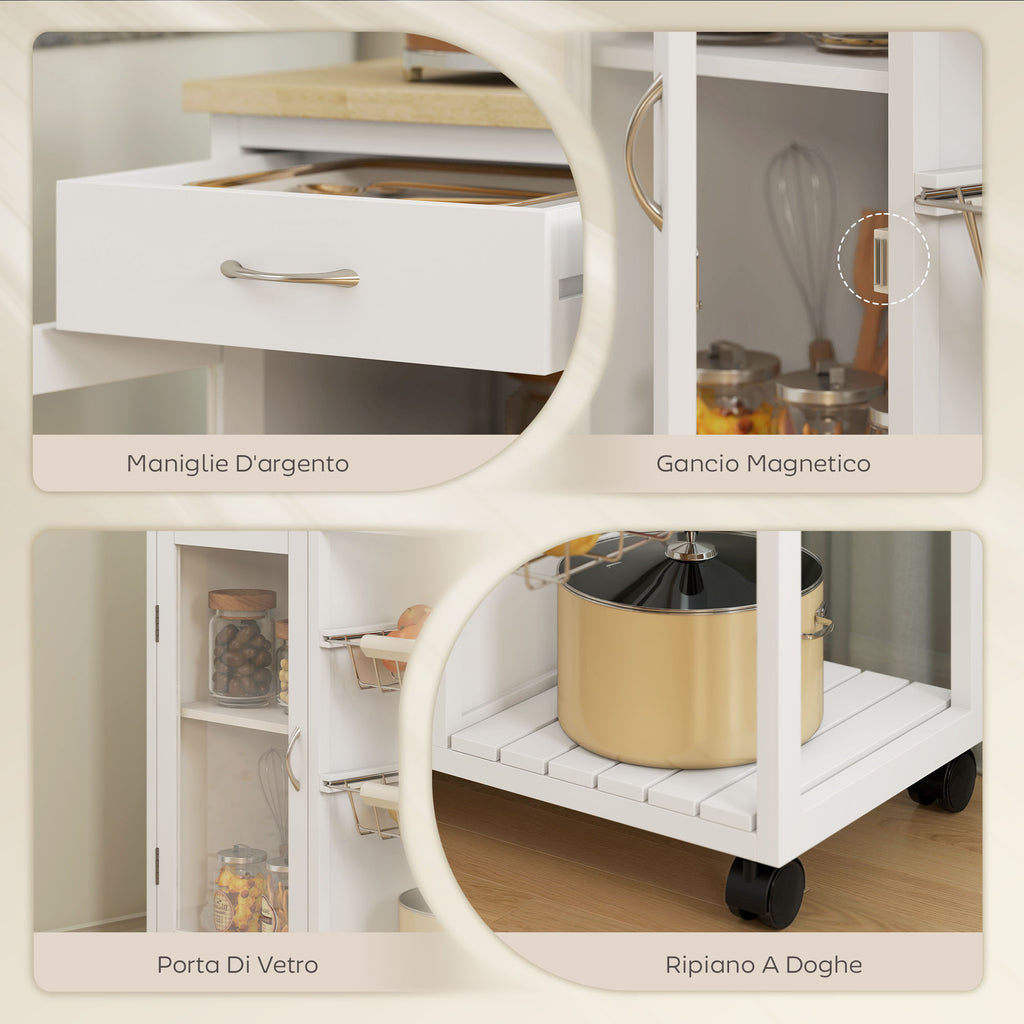 Carrello da Cucina in Bambù Bianco con 2 Cassetti