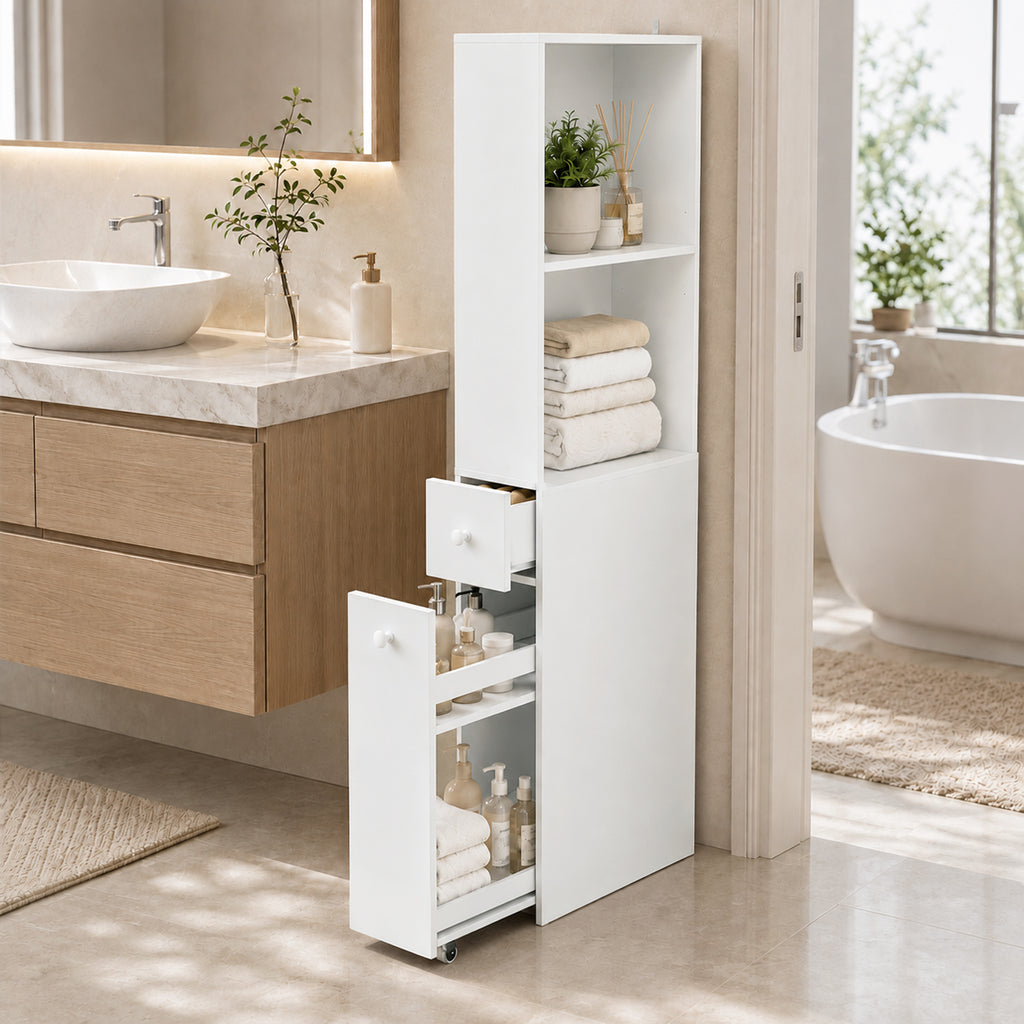 Mobiletto Bagno Slim Bianco con Ruote e Cassetto