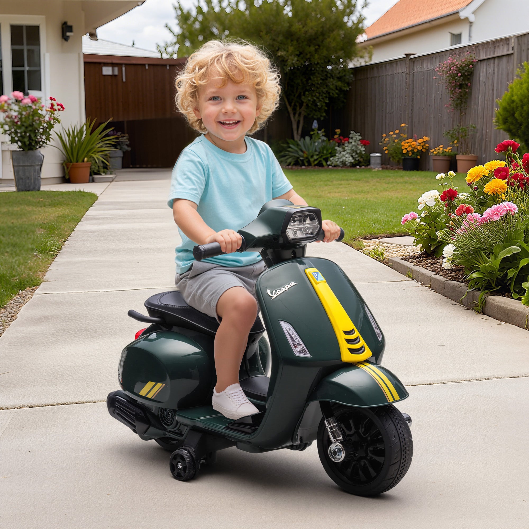 Moto Elettrica Vespa con Licenza Ufficiale 6V per Bambini 2-6 Anni Verde Scuro