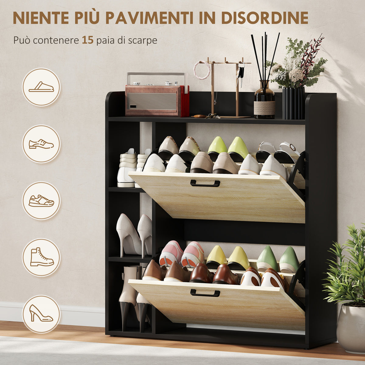 Scarpiera Slim Nera con 2 Cassetti e 3 Vani Aperti