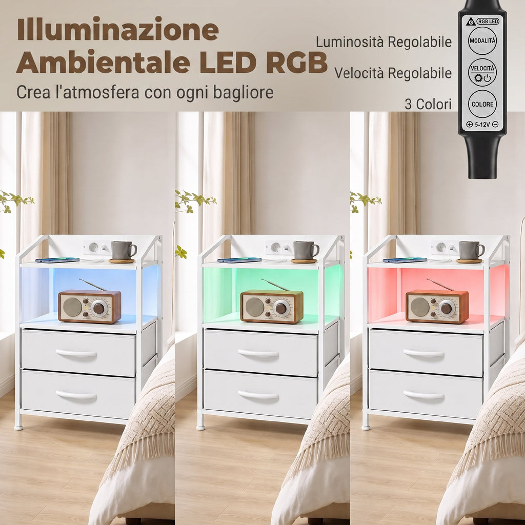 Set 2 Comodini Bianchi con Luci LED e Ricarica