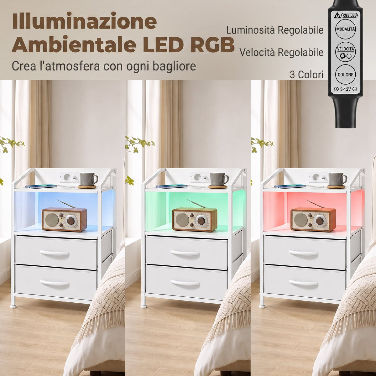 Set 2 Comodini Bianchi con Luci LED e Ricarica