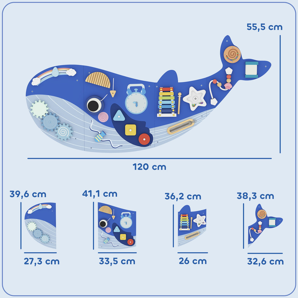 Busy Board Montessori in Legno 13 in 1 – Pannello Sensoriale da Parete per Bambini dai 2 Anni – Balena Blu
