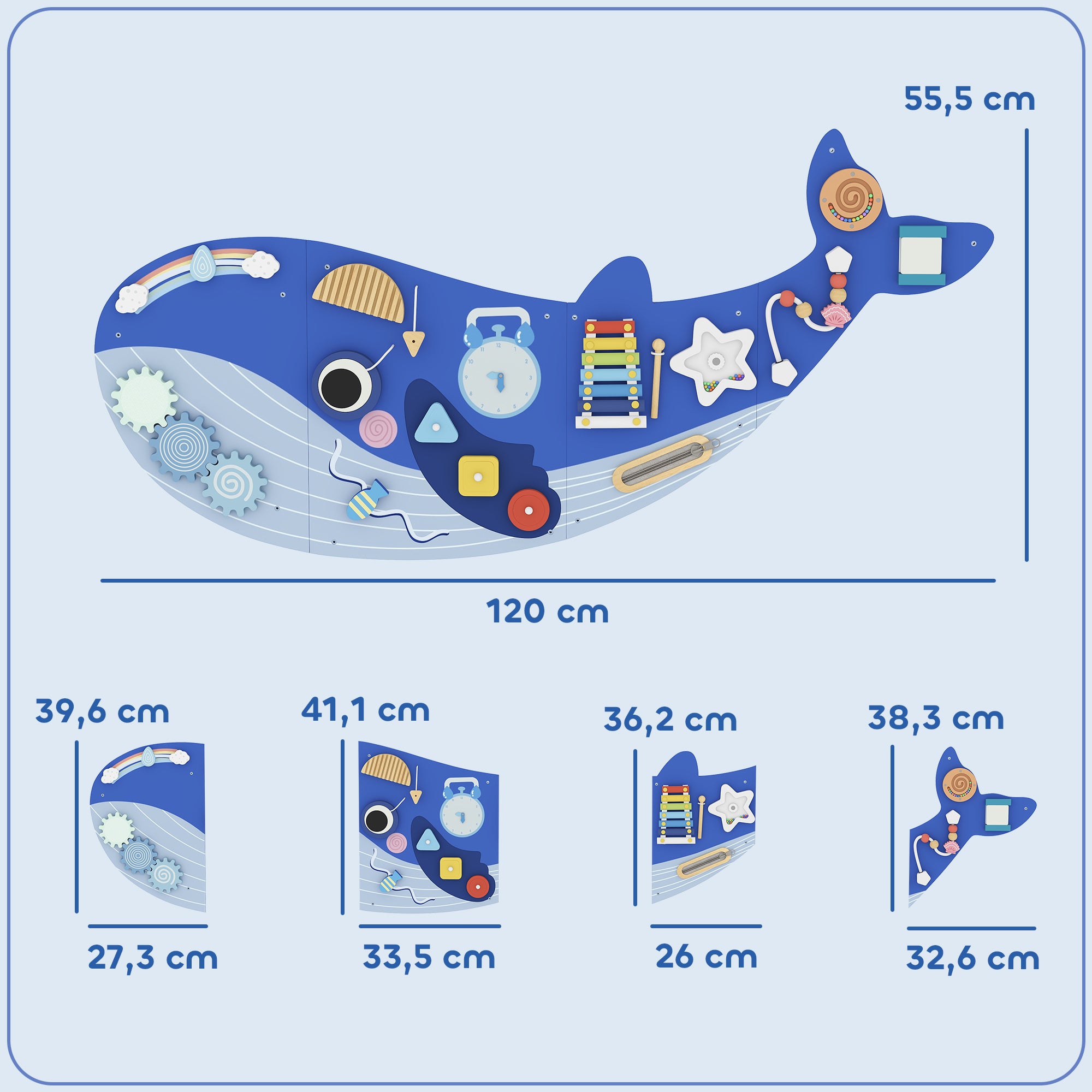 Busy Board Montessori in Legno 13 in 1 – Pannello Sensoriale da Parete per Bambini dai 2 Anni – Balena Blu
