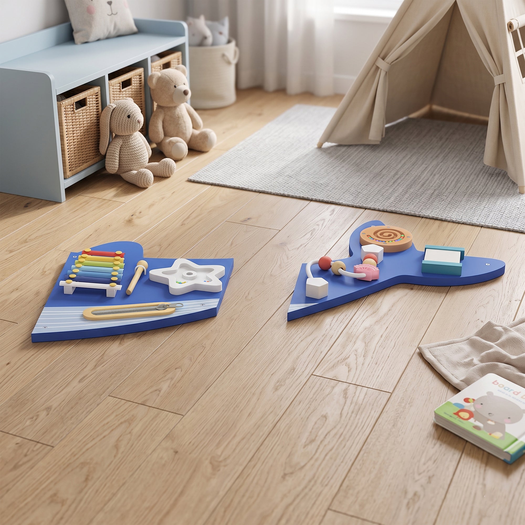 Busy Board Montessori in Legno 13 in 1 – Pannello Sensoriale da Parete per Bambini dai 2 Anni – Balena Blu