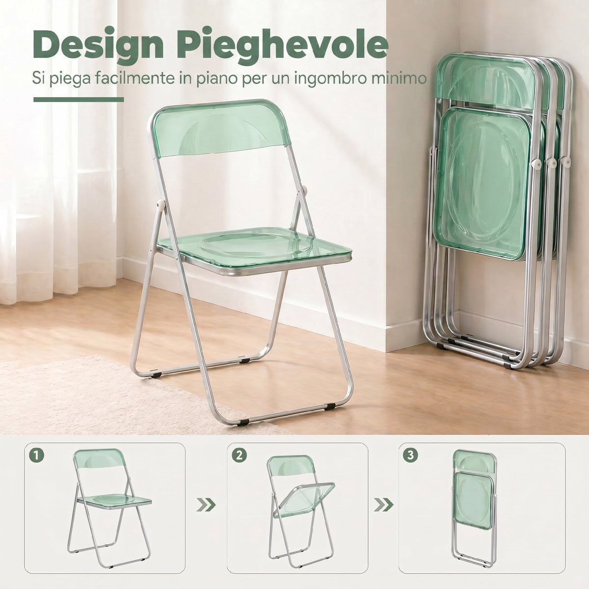 Set 4 Sedie Pieghevoli Trasparenti Verdi in Acrilico