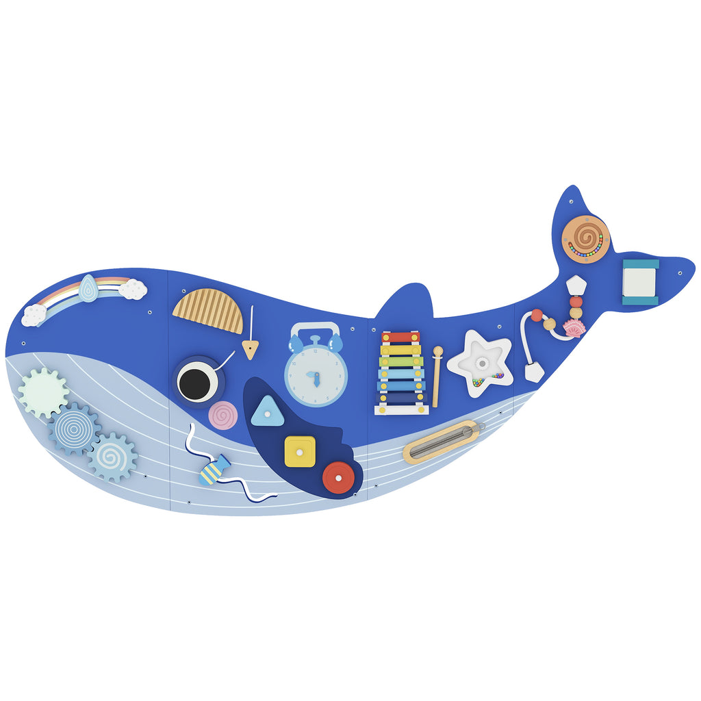 Busy Board Montessori in Legno 13 in 1 – Pannello Sensoriale da Parete per Bambini dai 2 Anni – Balena Blu