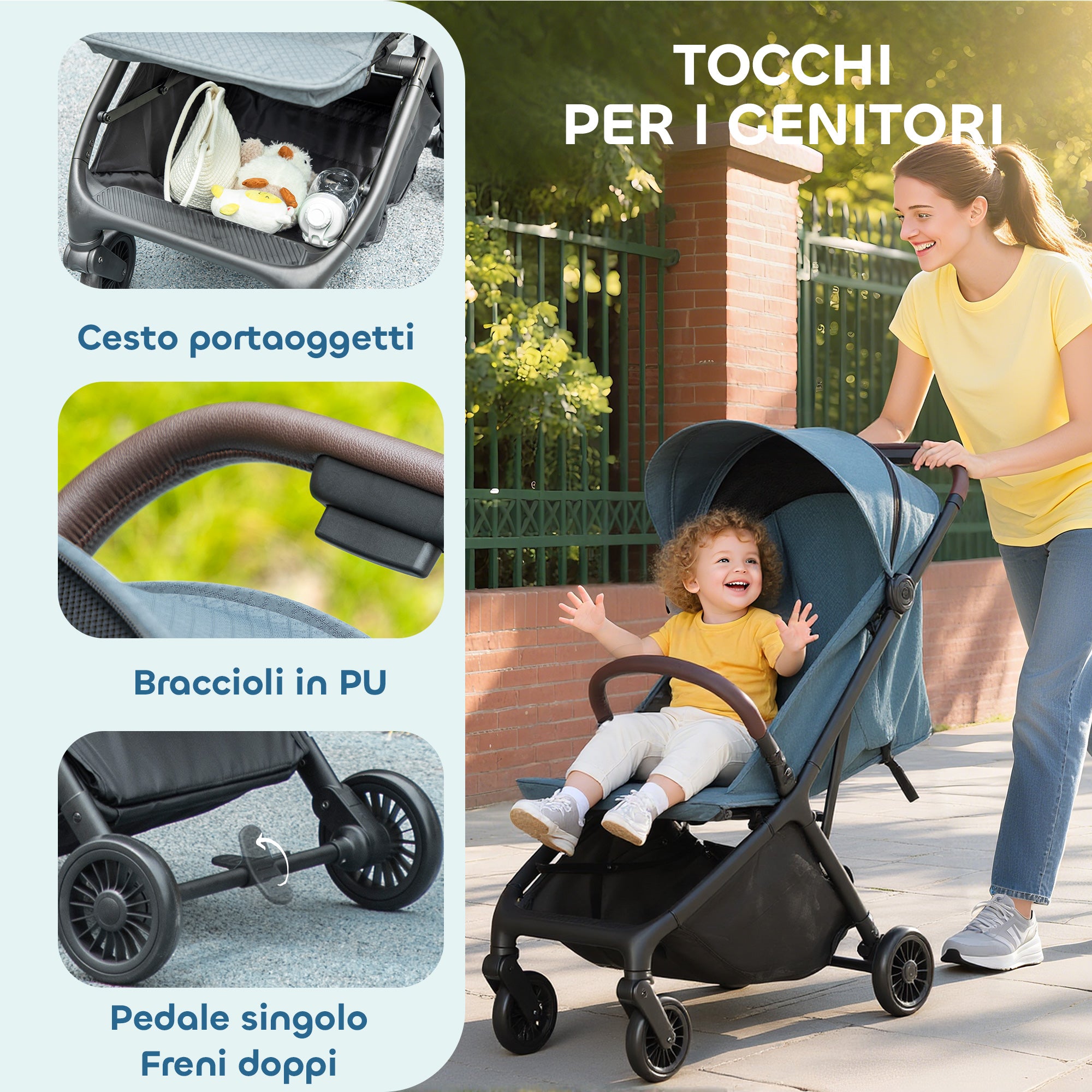 Passeggino Pieghevole per Bambini con Schienale Reclinabile e Capote Parasole