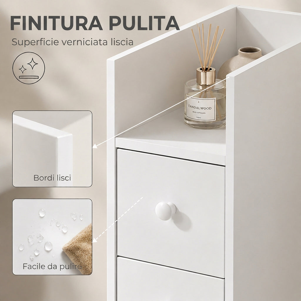 Mobiletto Bagno Salvaspazio Bianco con Cassetti e Ruote