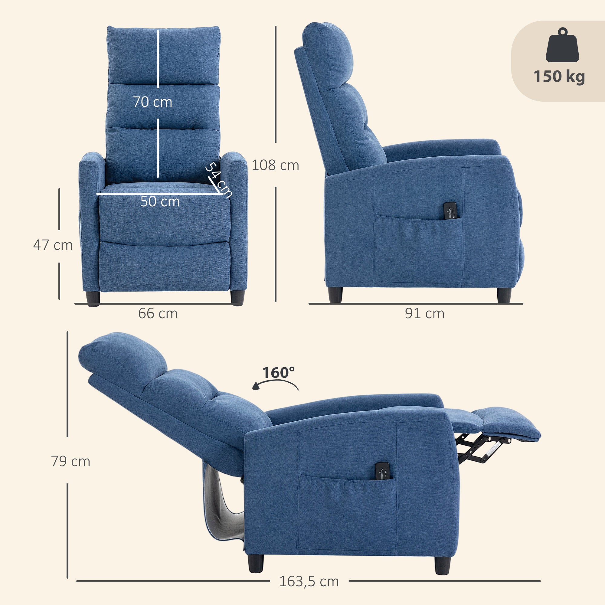Poltrona Relax Massaggiante Reclinabile Manuale 160° in Ciniglia Blu Scuro