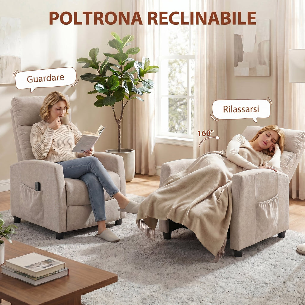 Poltrona Relax Massaggiante Reclinabile Manuale 160° in Ciniglia Color Crema