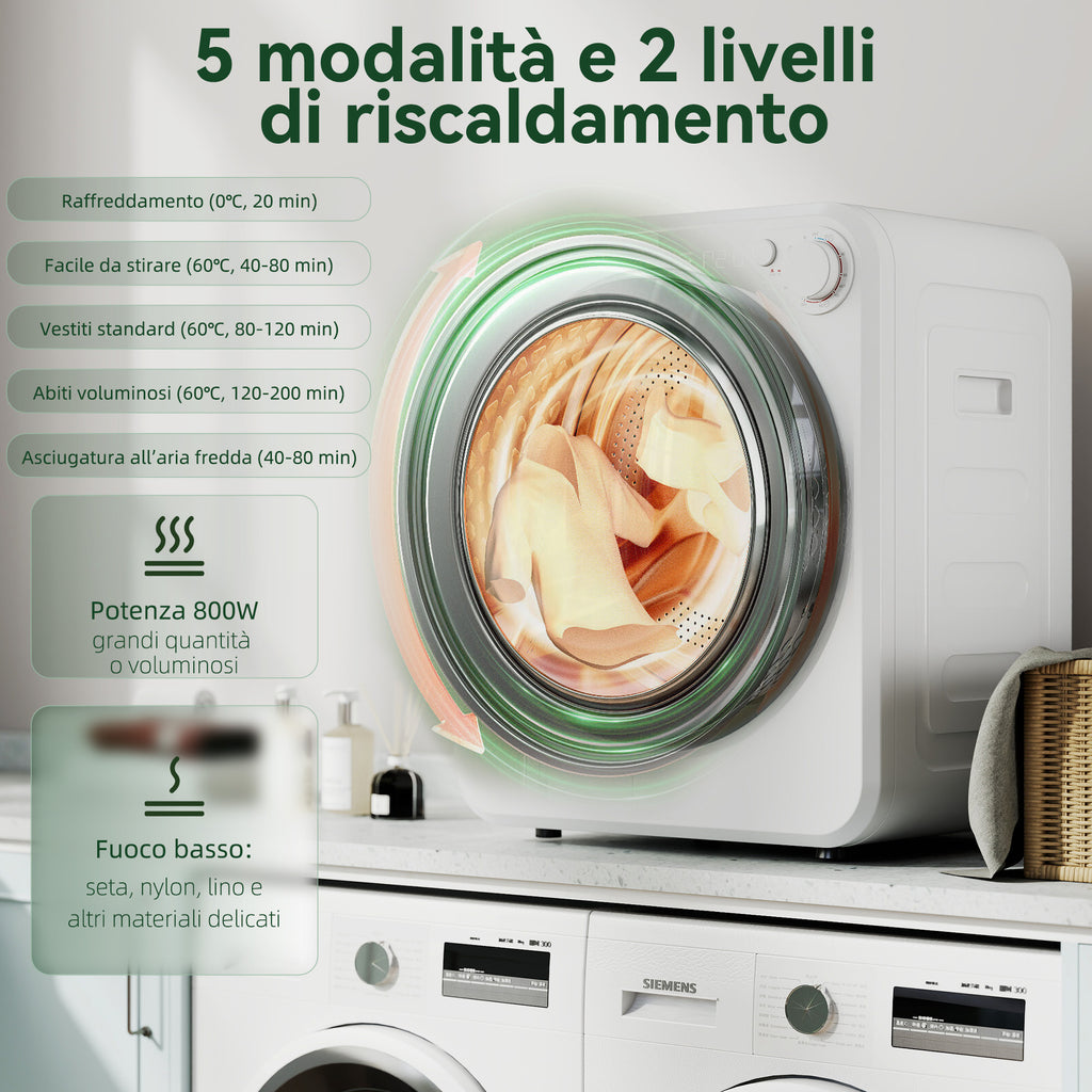 Mini Asciugatrice 4 kg con 5 Programmi 800 W