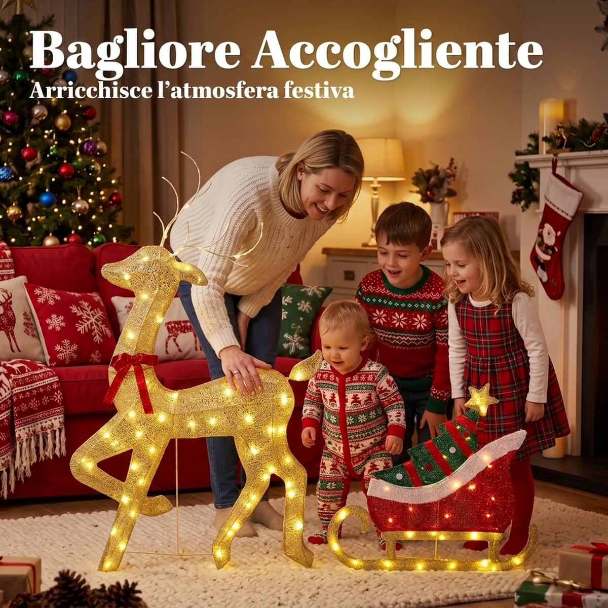 Renna Natalizia Illuminata con Slitta 95 LED