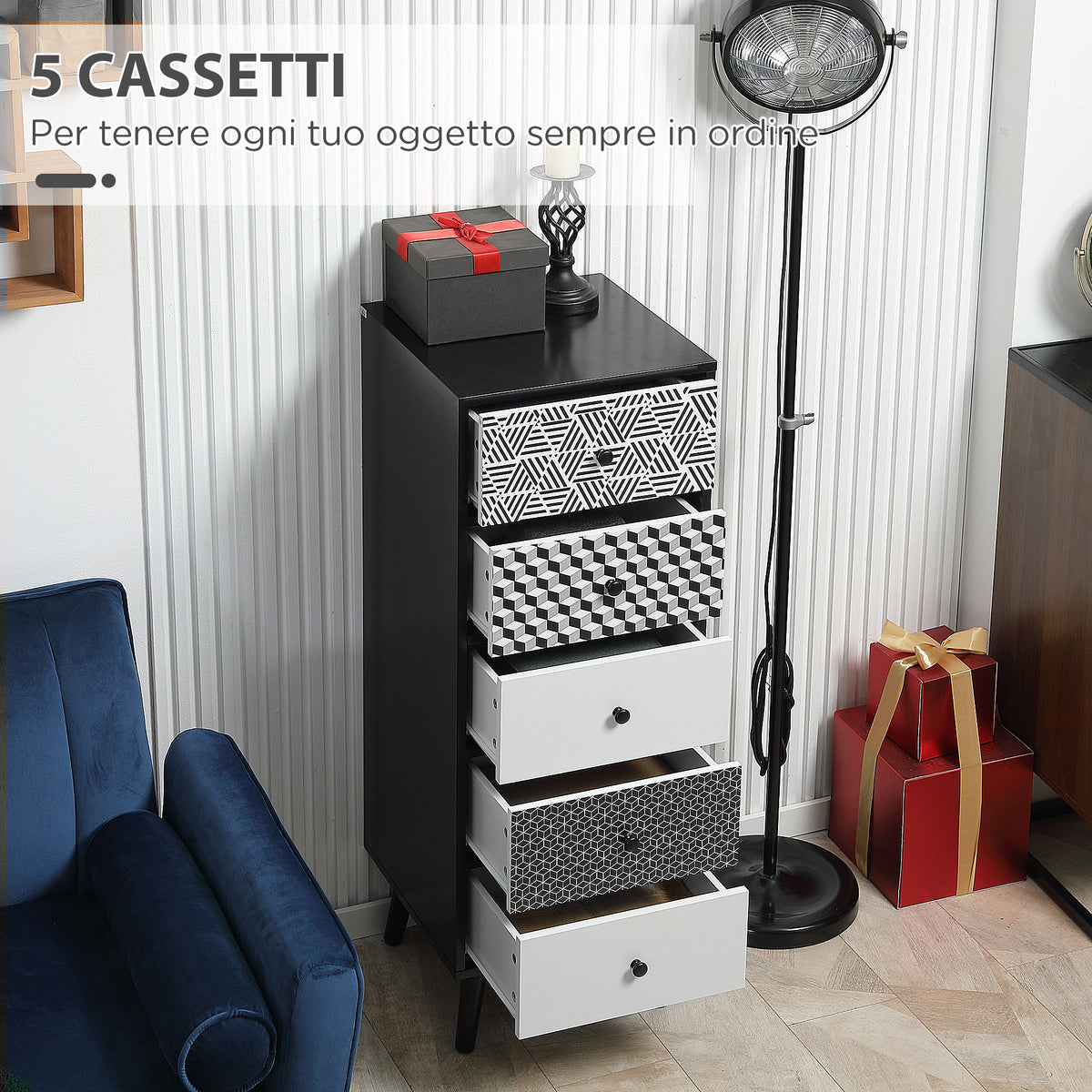 Cassettiera Moderna a 5 Cassetti con Fantasia Geometrica