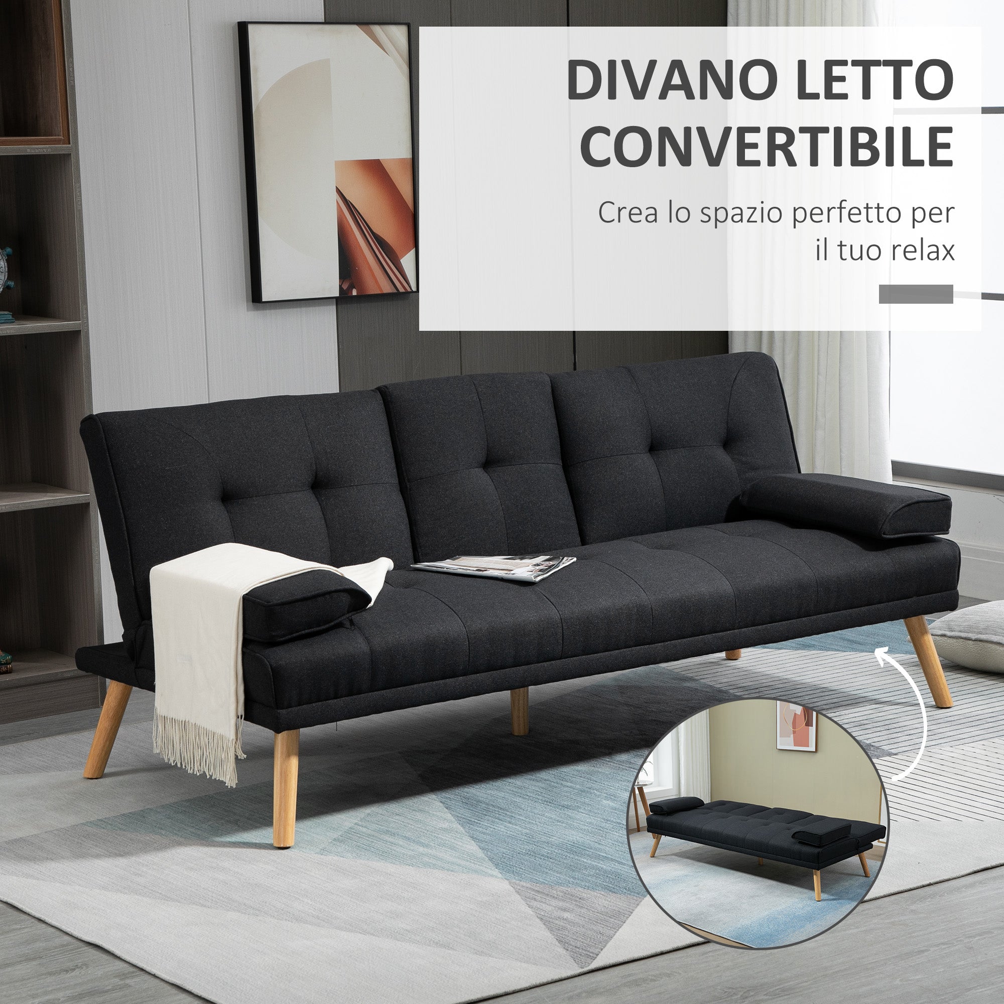 Divano Letto con Tavolino a Ribalta e Piedini in Legno Massello