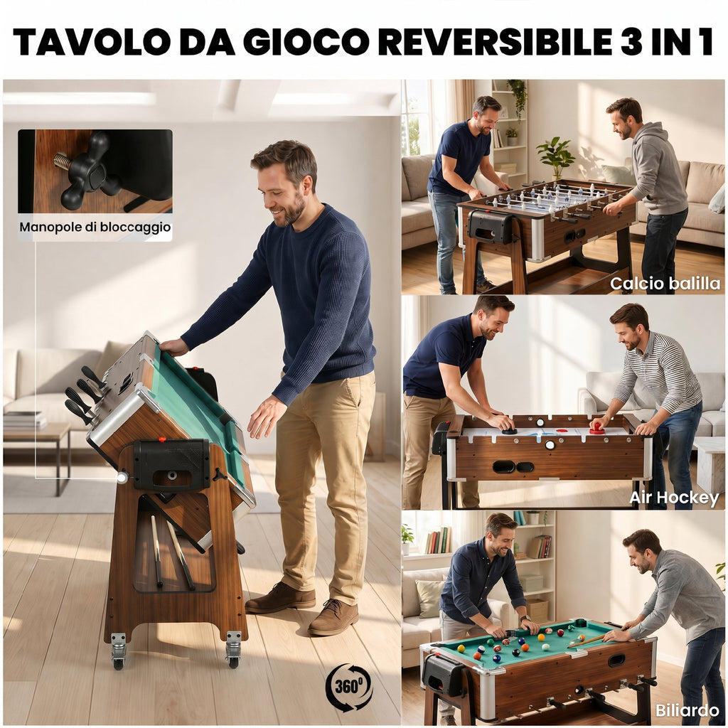 Tavolo Multigioco 3 in 1 con Biliardo, Air Hockey e Calcio Balilla
