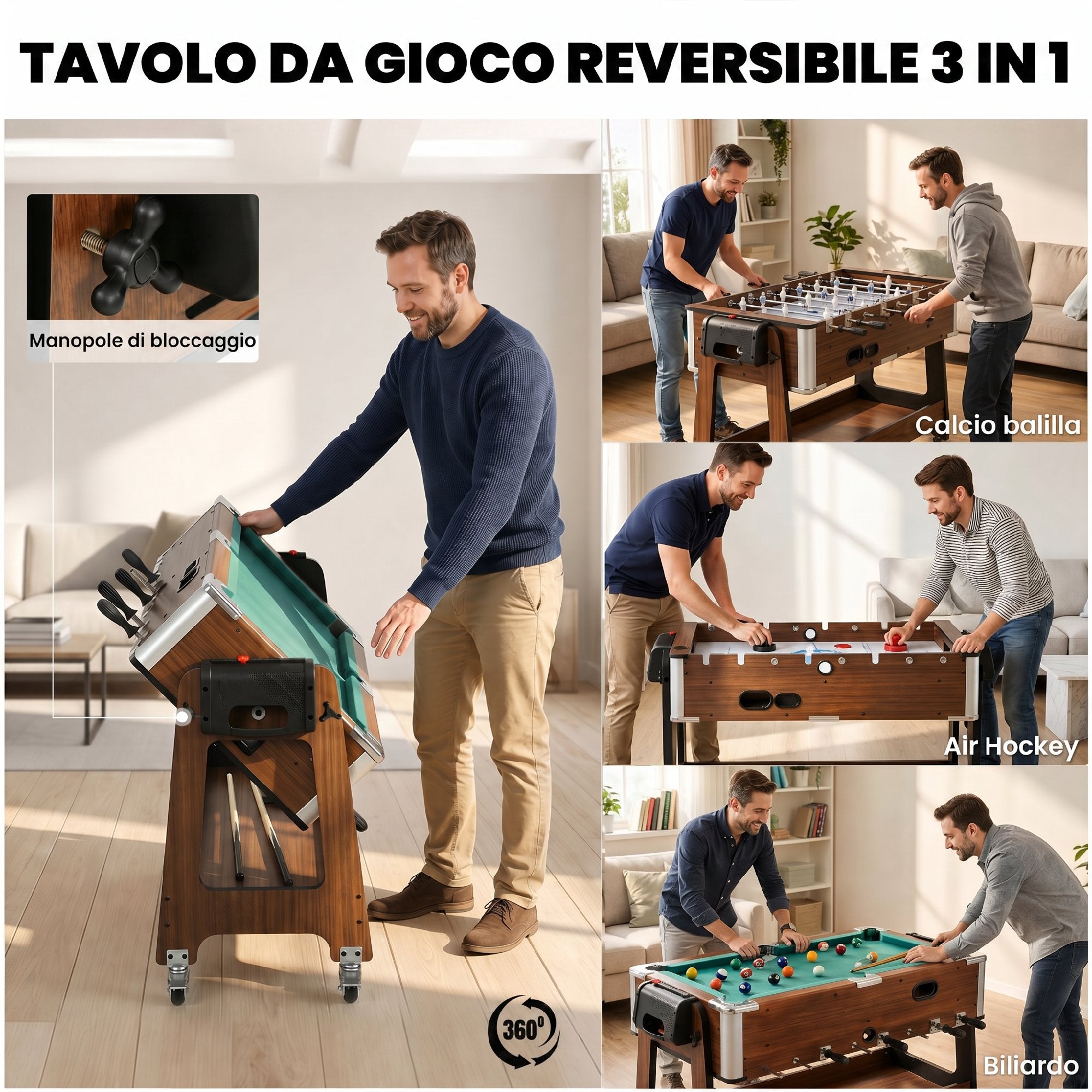 Tavolo Multigioco 3 in 1 con Biliardo, Air Hockey e Calcio Balilla