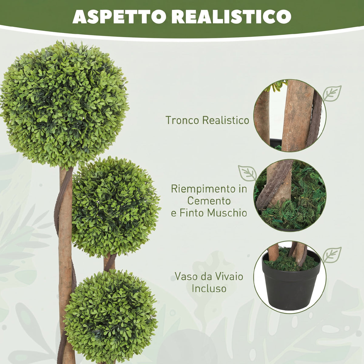 Set 2 Bosso Artificiali a 3 Sfere con Vaso 90 cm