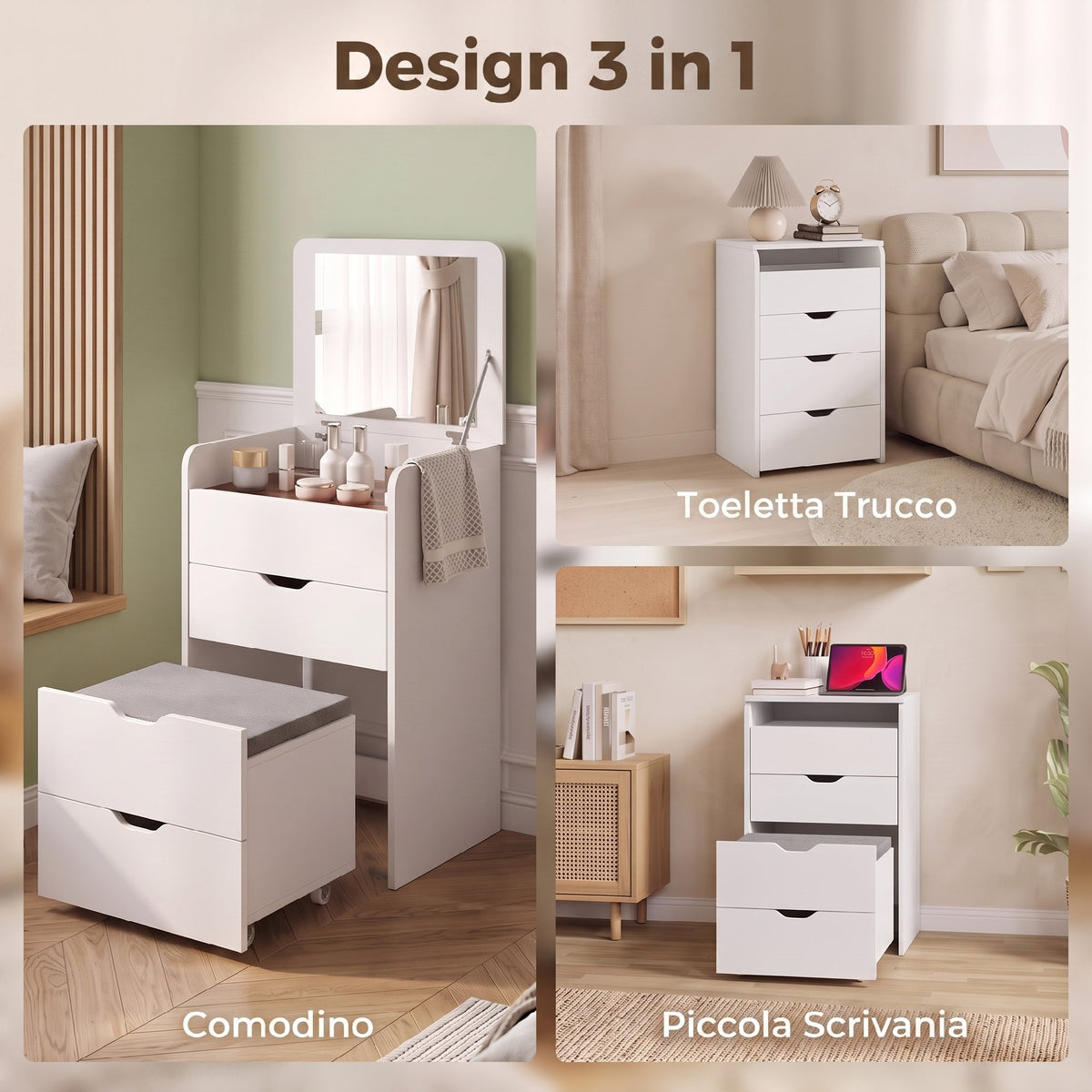 Toeletta 3 in 1 Bianca con Specchio e Sgabello