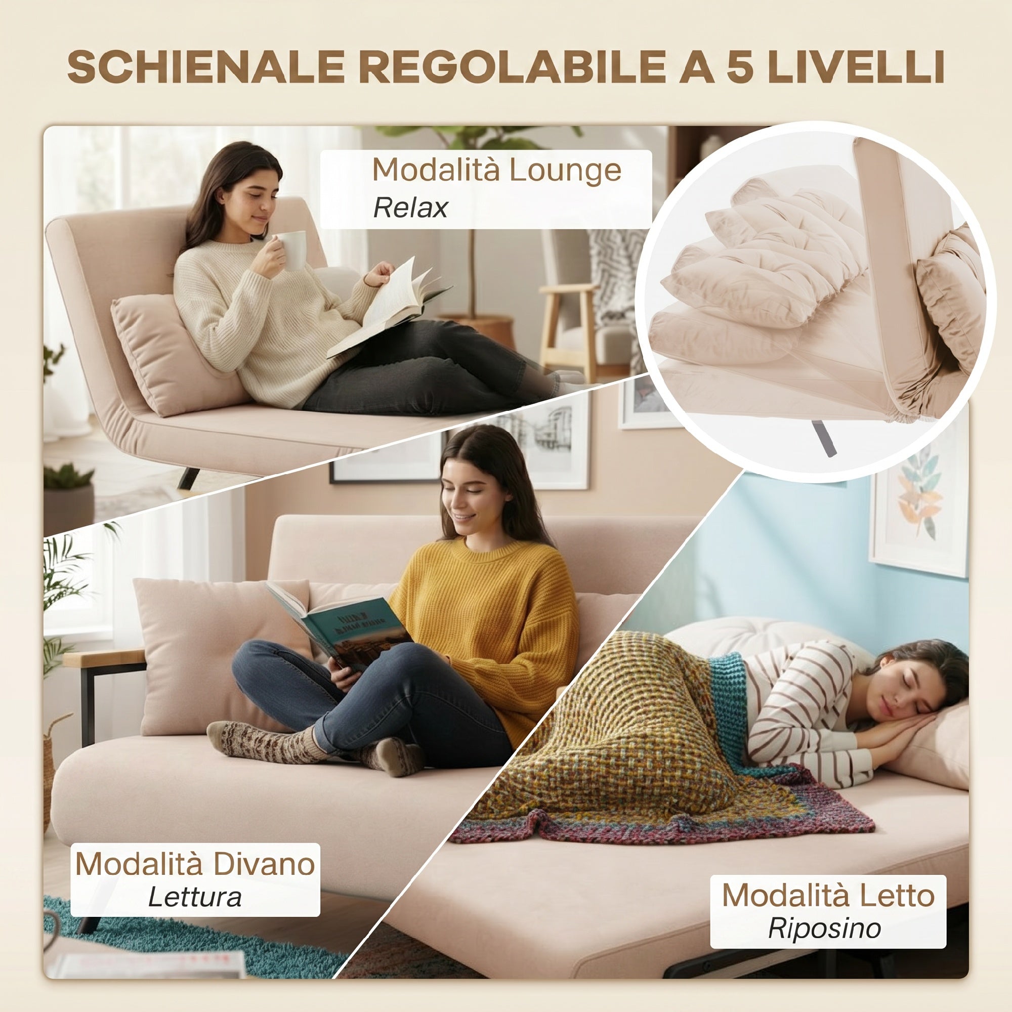 Divano Letto 2 Posti con Schienale Regolabile a 5 Livelli in Effetto Velluto