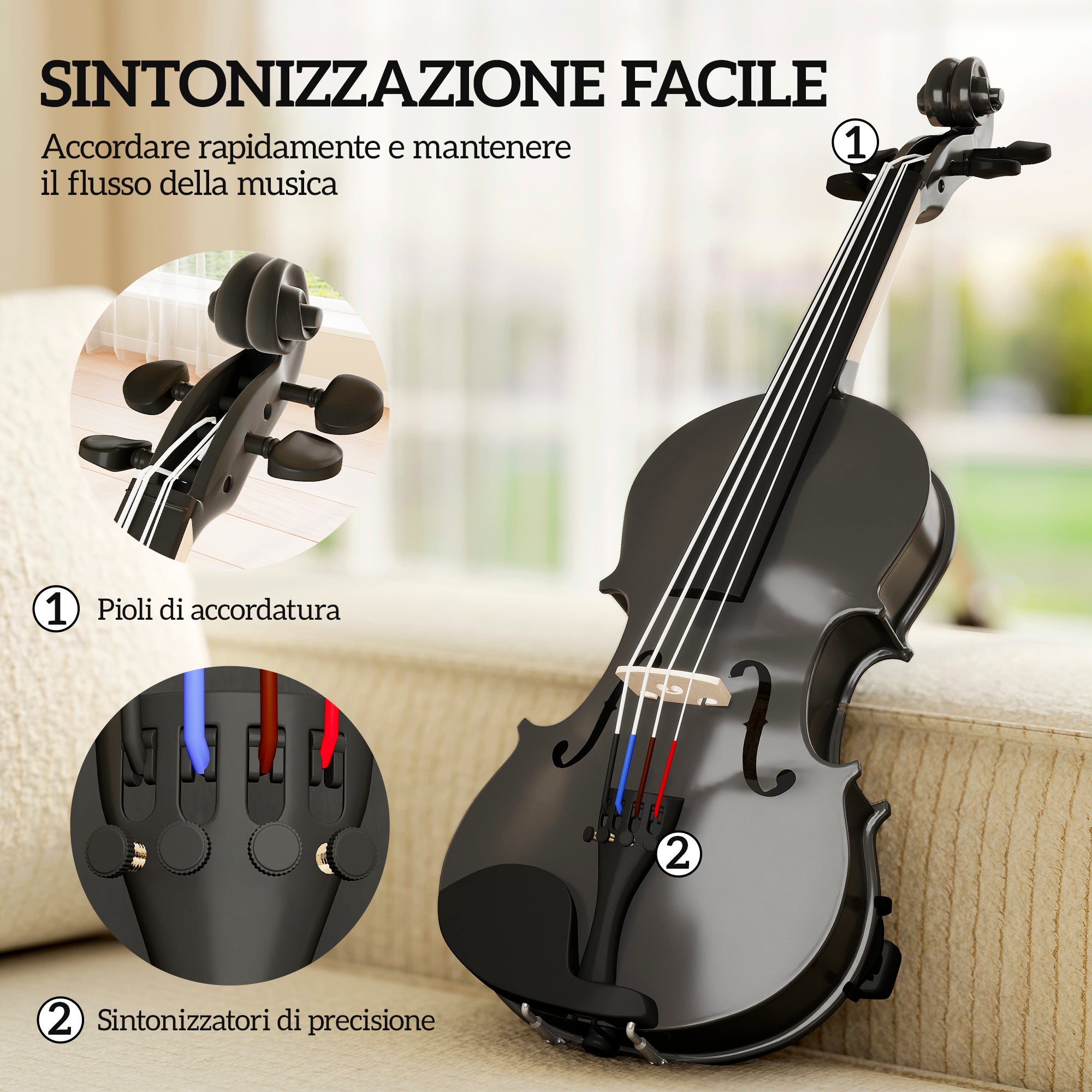 Violino 4/4 in Legno di Abete e Acero con Custodia e Accessori Nero