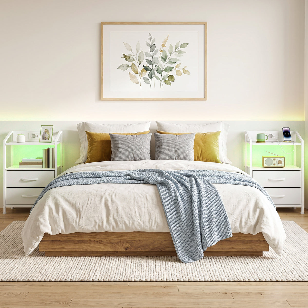 Set 2 Comodini Bianchi con Luci LED e Ricarica