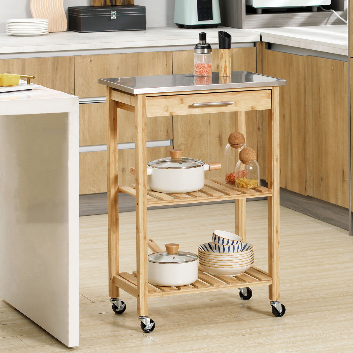 Carrello da Cucina in Bambù con Piano in Acciaio Inox