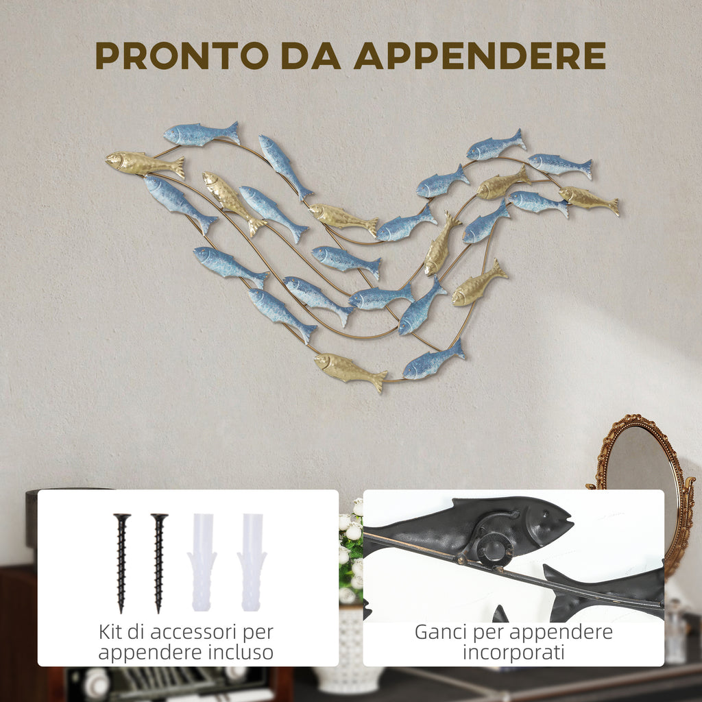 Decorazione Murale Banco di Pesci in Metallo Oro e Blu