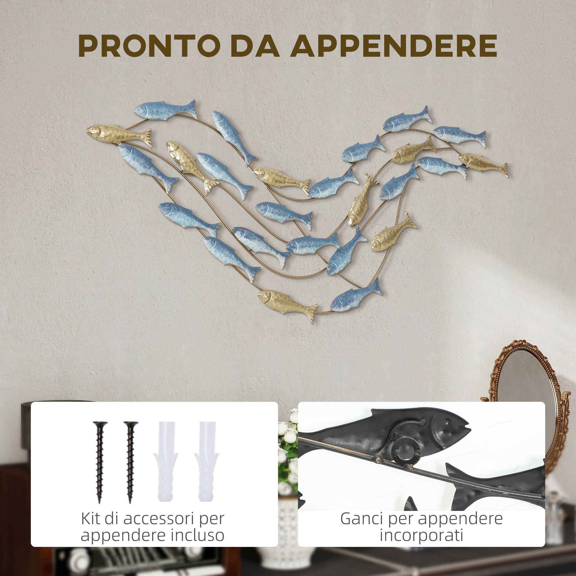 Decorazione Murale Banco di Pesci in Metallo Oro e Blu