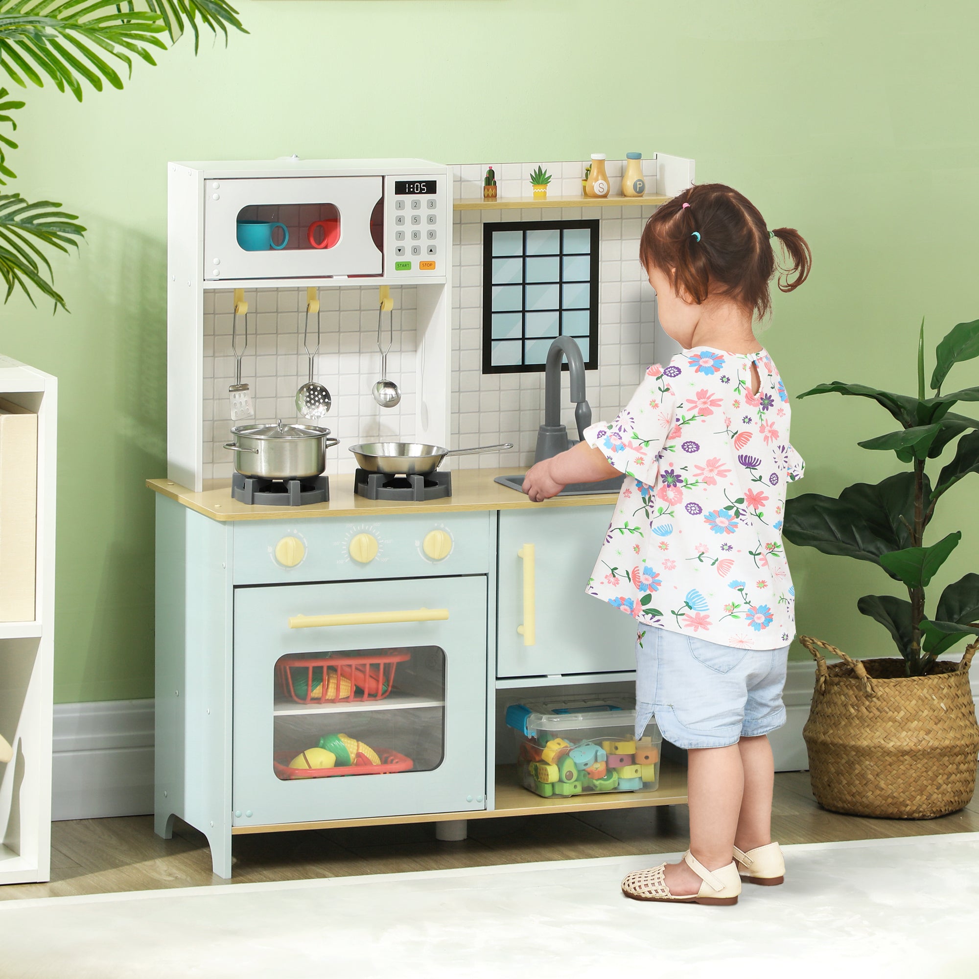 Cucina Giocattolo per Bambini con Fornelli e Armadietti Blu e Bianco