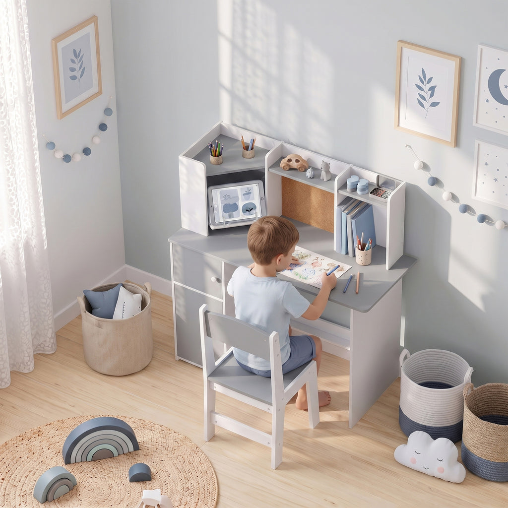 Scrivania Bambini con Sedia e Supporto Tablet