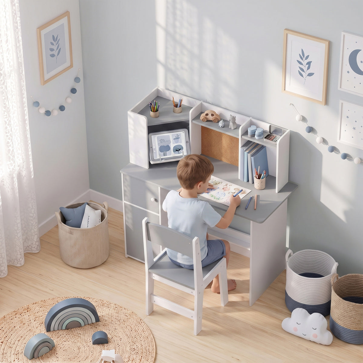 Scrivania Bambini con Sedia e Supporto Tablet