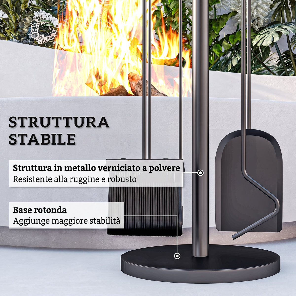 Set Attrezzi per Camino 5 Pezzi con Supporto in Metallo