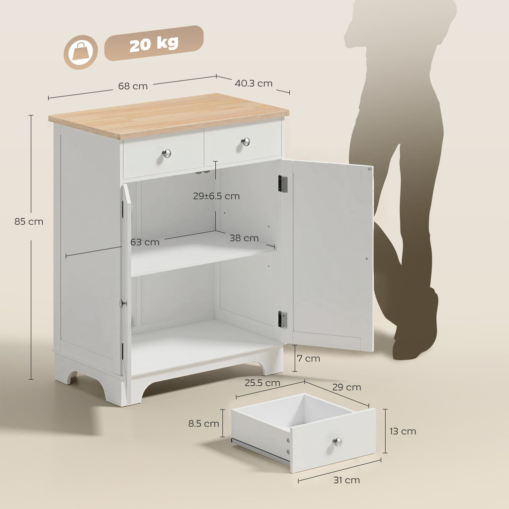 Buffet Multiuso con 2 Cassetti, 2 Ante, Mensola Regolabile e Piano in Legno di Hevea