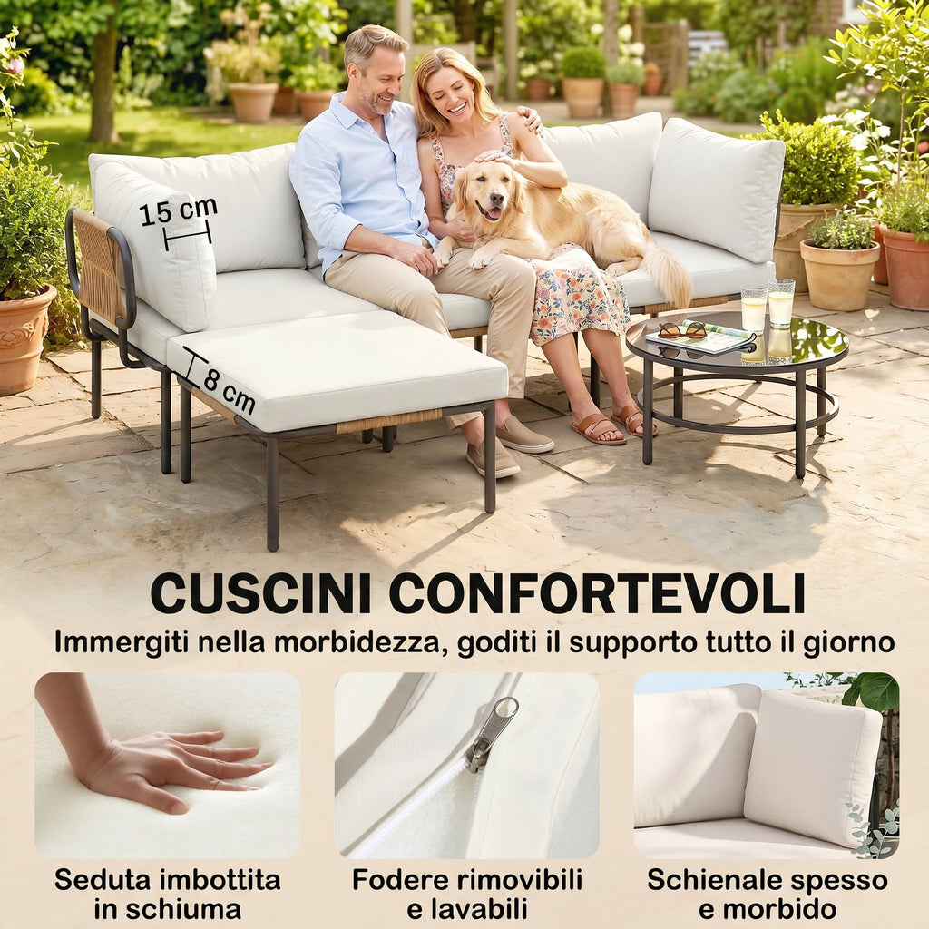 Set Salotto da Giardino 5 Pezzi in Rattan Componibile con Cuscini Cachi