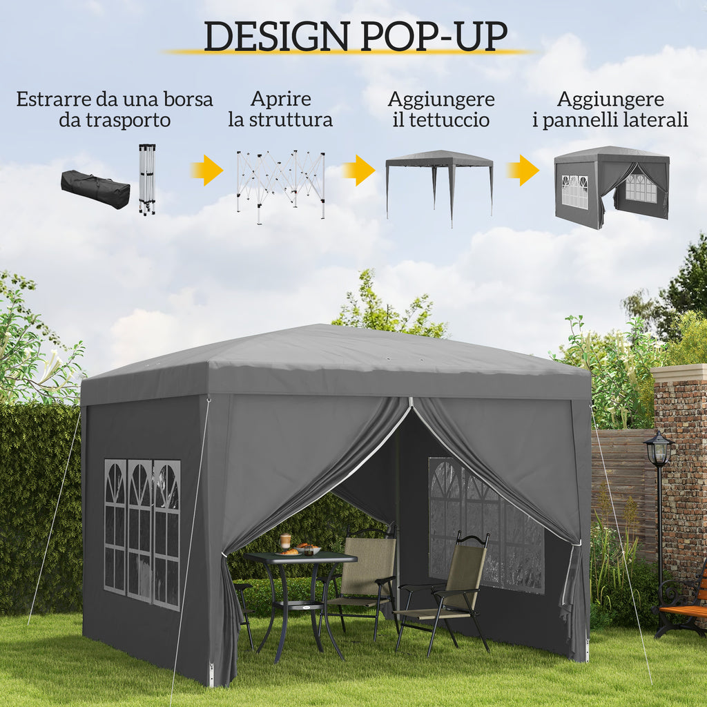 Gazebo Pieghevole da Esterno 3x3 m con 4 Pannelli Laterali Grigio