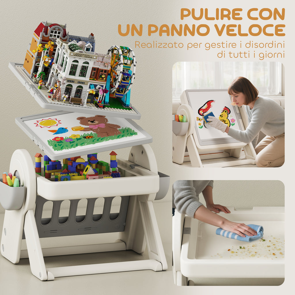 Tavolo Multiuso per Bambini con Ripiano Contenitore e Cassetti Grigio e Bianco