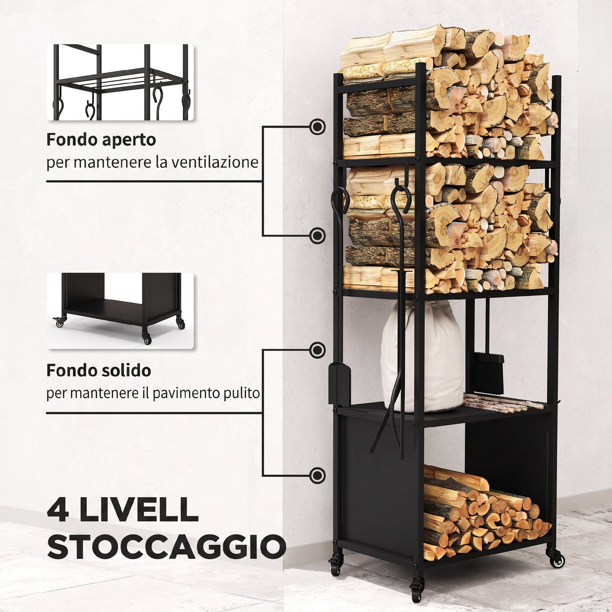 Portalegna con Ruote e 4 Utensili per Camino
