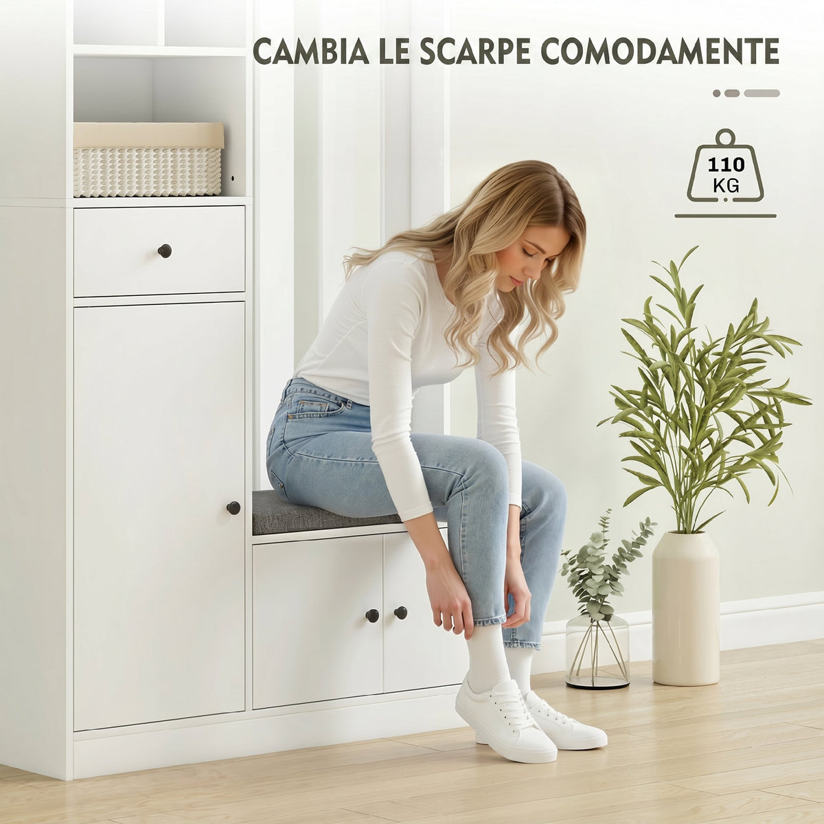 Armadio Guardaroba Bianco con Panca e Portascarpe