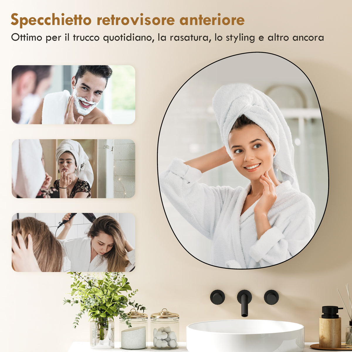 Armadietto Bagno Nero con Specchio e Ripiani