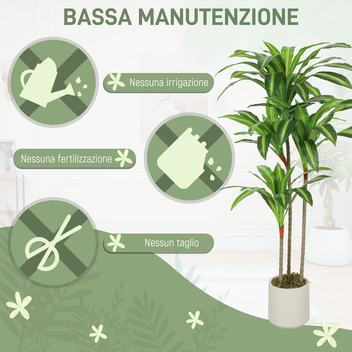 Pianta Artificiale Dracena Verde da 120 cm con Vaso