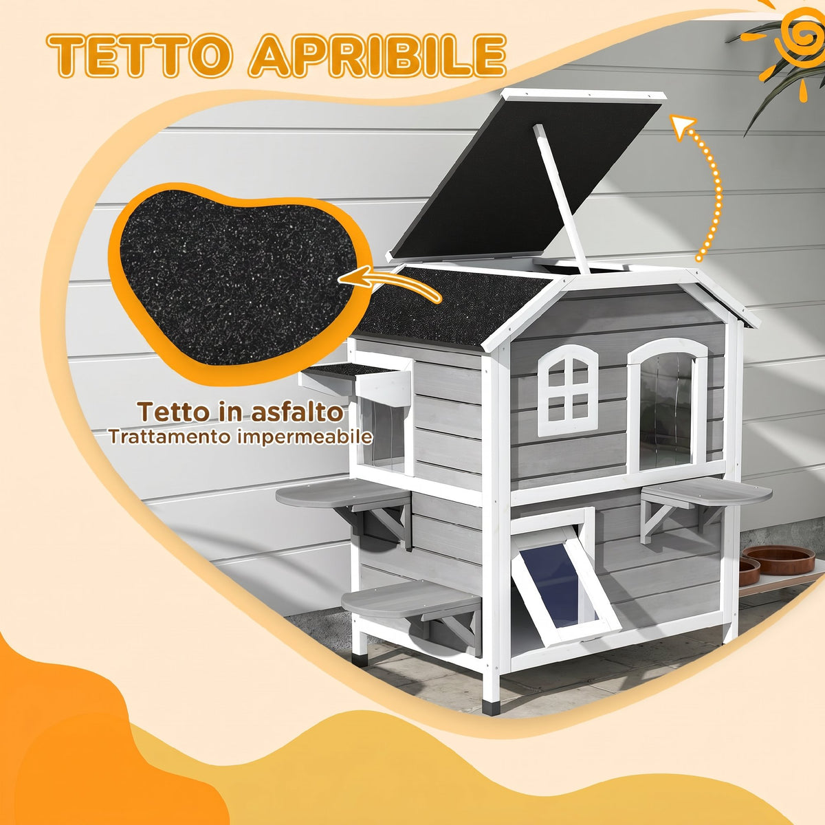 Casetta per Gatti da Esterno a 2 Piani in Legno