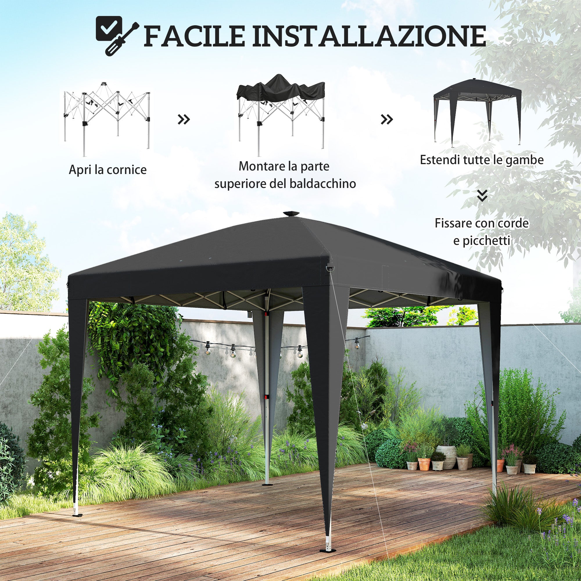 Gazebo Pop-Up Pieghevole 3x3 m con Luce LED, USB e Altezza Regolabile