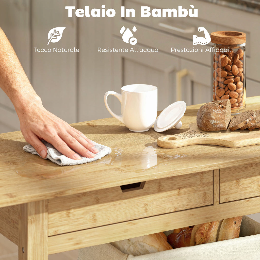 Carrello da Cucina in Bambù con 2 Cassetti
