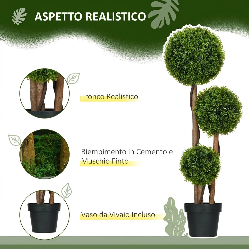 Pianta di Bosso Artificiale a 3 Sfere con Vaso 110 cm