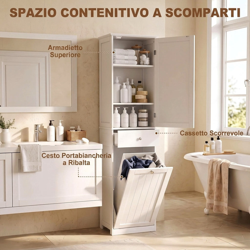 Mobile Bagno a Colonna 180 cm con Cesto Portabiancheria