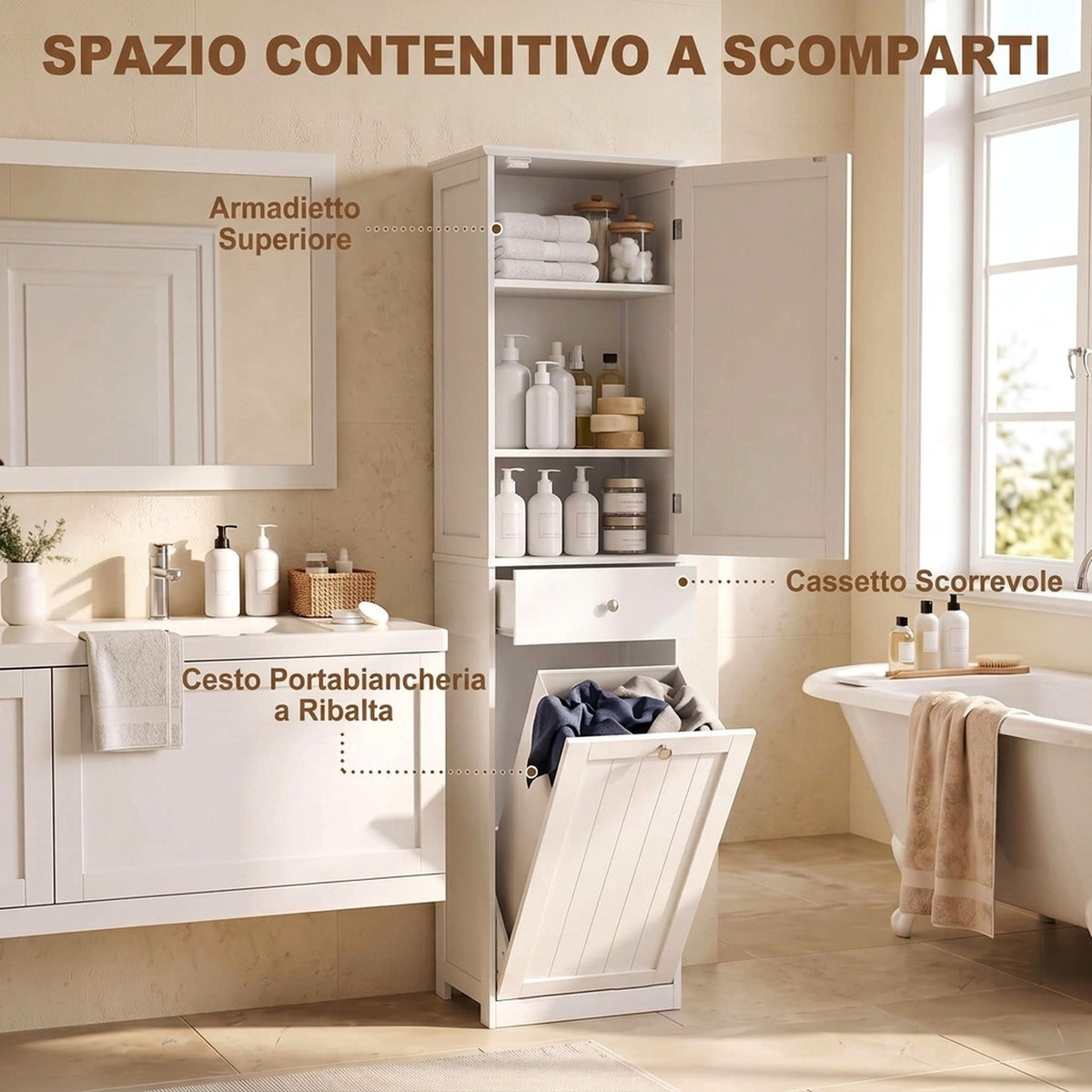 Mobile Bagno a Colonna 180 cm con Cesto Portabiancheria