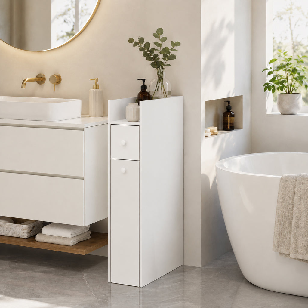 Mobiletto Bagno Salvaspazio Bianco con Cassetti e Ruote